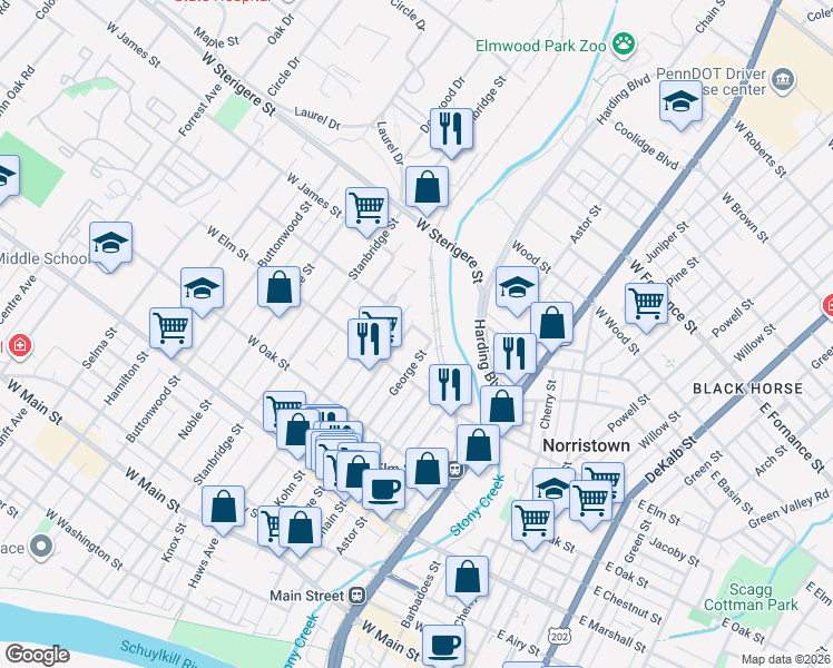 map of restaurants, bars, coffee shops, grocery stores, and more near 850 Kohn Street in Norristown