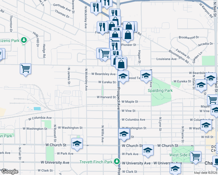 map of restaurants, bars, coffee shops, grocery stores, and more near 906 North Willis Avenue in Champaign
