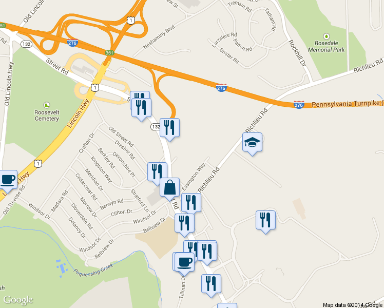 map of restaurants, bars, coffee shops, grocery stores, and more near 3455 Street Road in Bensalem