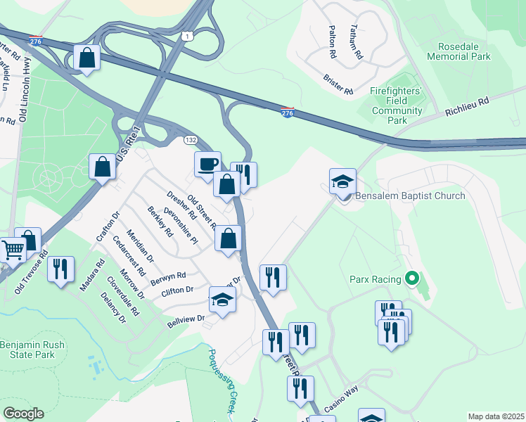 map of restaurants, bars, coffee shops, grocery stores, and more near 3455 Street Road in Bensalem
