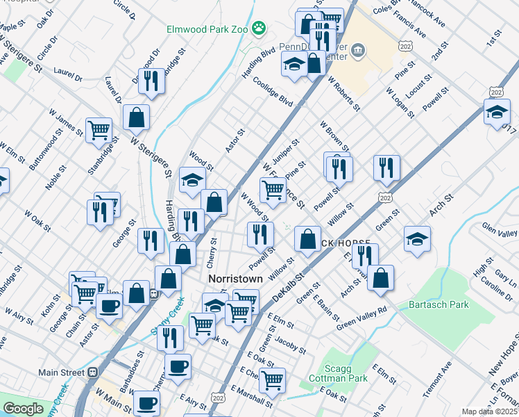 map of restaurants, bars, coffee shops, grocery stores, and more near 123 West Wood Street in Norristown