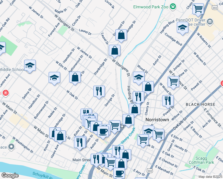 map of restaurants, bars, coffee shops, grocery stores, and more near 850 Kohn Street in Norristown