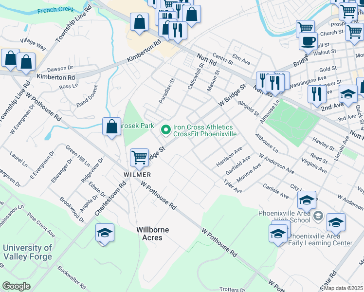 map of restaurants, bars, coffee shops, grocery stores, and more near 601 Deger Avenue in Phoenixville