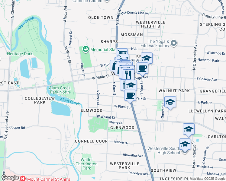 map of restaurants, bars, coffee shops, grocery stores, and more near 27 South Knox Street in Westerville