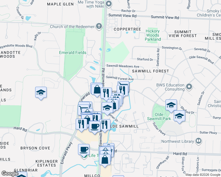 map of restaurants, bars, coffee shops, grocery stores, and more near 7762 Sawmill Road in Dublin