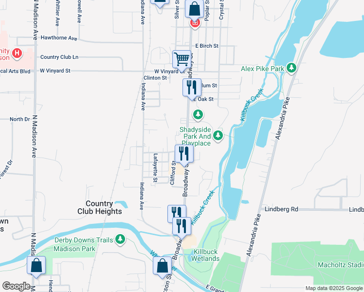 map of restaurants, bars, coffee shops, grocery stores, and more near 1013 Broadway Street in Anderson