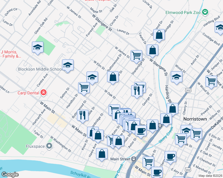 map of restaurants, bars, coffee shops, grocery stores, and more near 713 Noble Street in Norristown