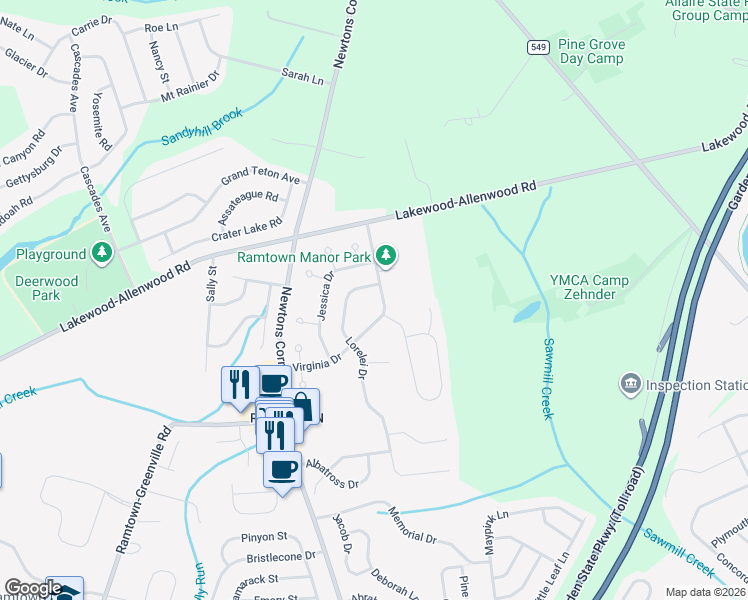map of restaurants, bars, coffee shops, grocery stores, and more near 5 Lorelei Drive in Howell Township