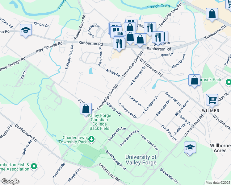 map of restaurants, bars, coffee shops, grocery stores, and more near 19 Mockingbird Lane in Phoenixville