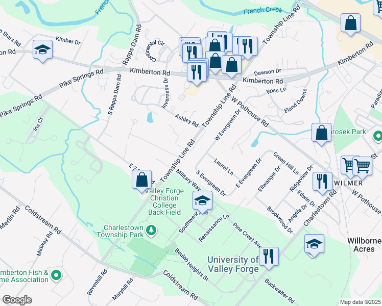 map of restaurants, bars, coffee shops, grocery stores, and more near 14 Mockingbird Lane in Phoenixville