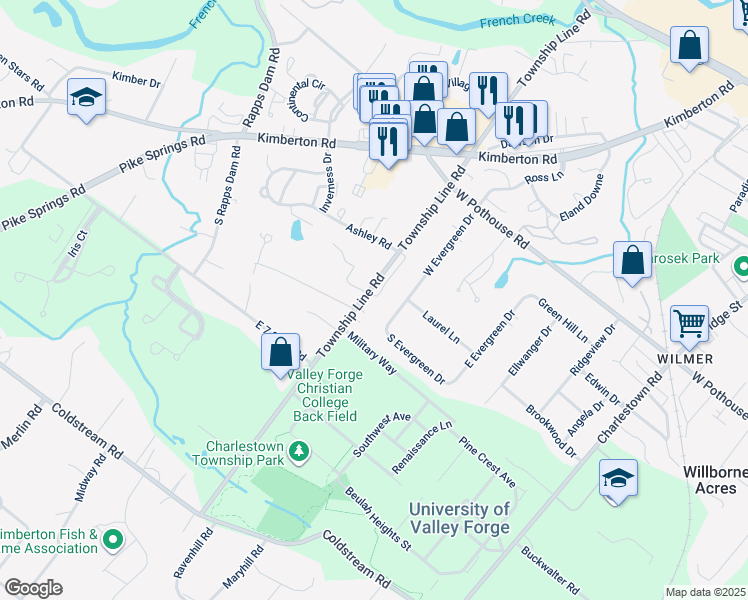 map of restaurants, bars, coffee shops, grocery stores, and more near 12 Mockingbird Lane in Phoenixville