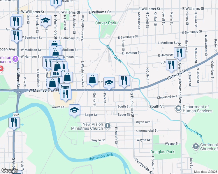 map of restaurants, bars, coffee shops, grocery stores, and more near 406 Van Buren Street in Danville