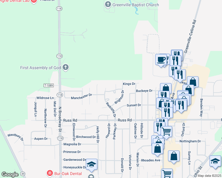 map of restaurants, bars, coffee shops, grocery stores, and more near 908 Stratford Drive in Greenville