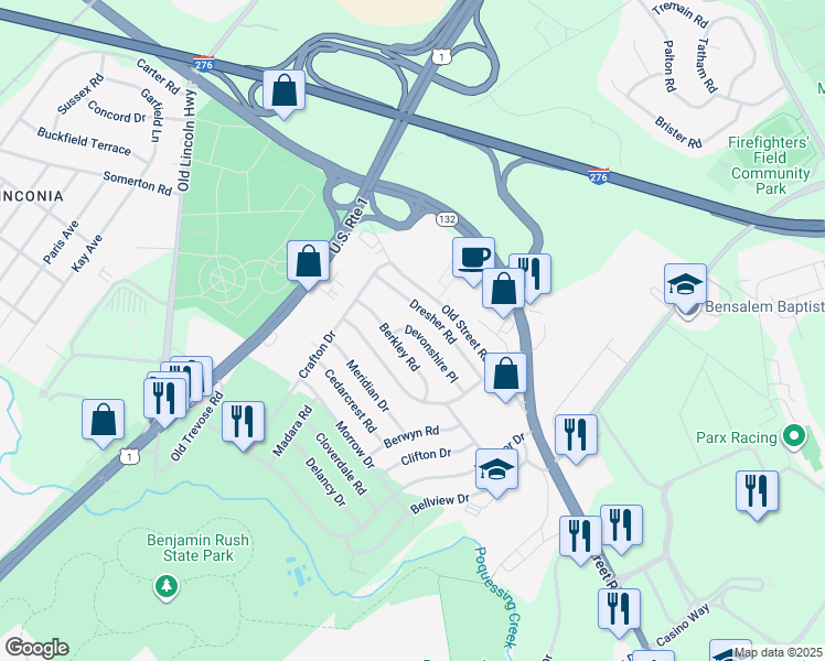 map of restaurants, bars, coffee shops, grocery stores, and more near 3644 Devonshire Place in Bensalem