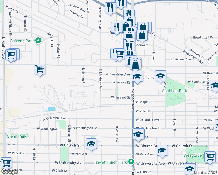 map of restaurants, bars, coffee shops, grocery stores, and more near 1011 West Eureka Street in Champaign