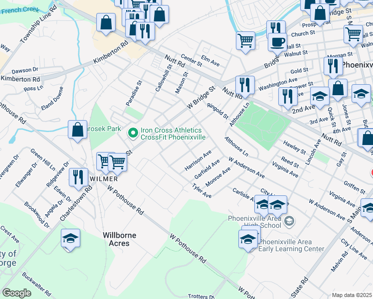 map of restaurants, bars, coffee shops, grocery stores, and more near 551 Columbia Avenue in Phoenixville