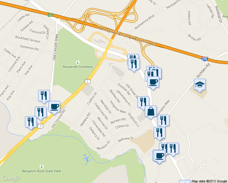 map of restaurants, bars, coffee shops, grocery stores, and more near 3621 Devonshire Place in Bensalem