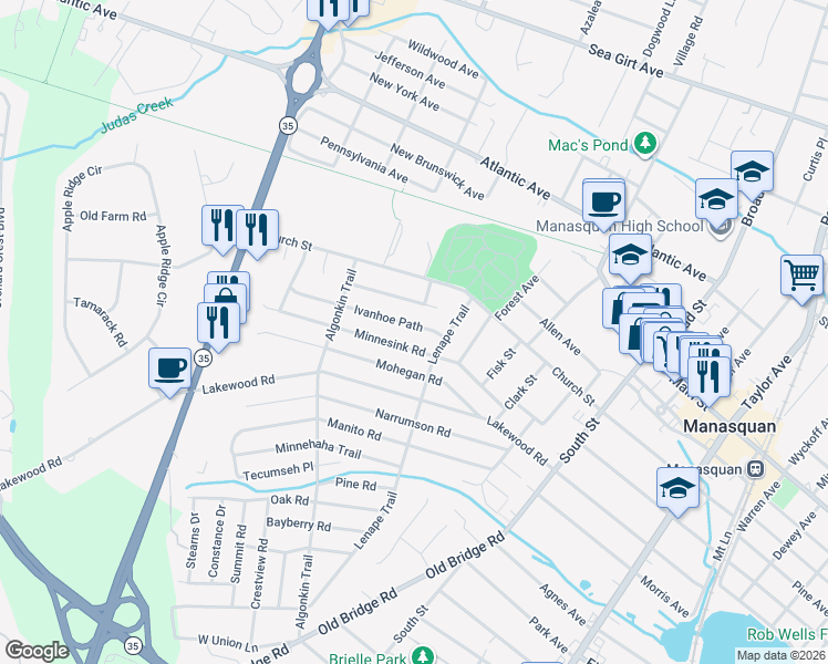 map of restaurants, bars, coffee shops, grocery stores, and more near 1109 Ivanhoe Path in Manasquan