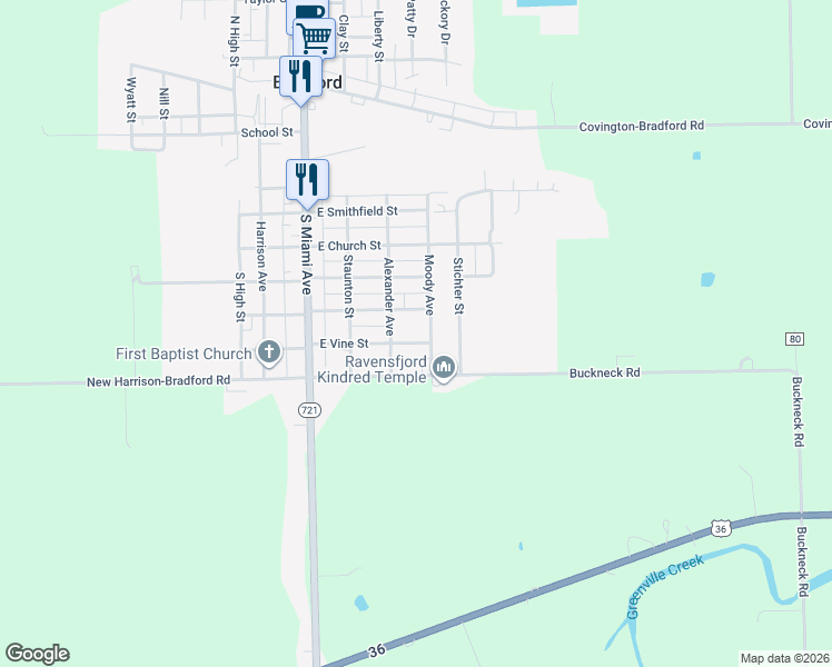 map of restaurants, bars, coffee shops, grocery stores, and more near 610 Moody Avenue in Bradford