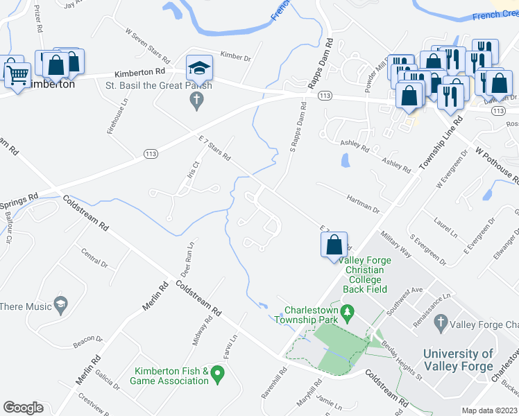 map of restaurants, bars, coffee shops, grocery stores, and more near 2500 Juniper Lane in Phoenixville