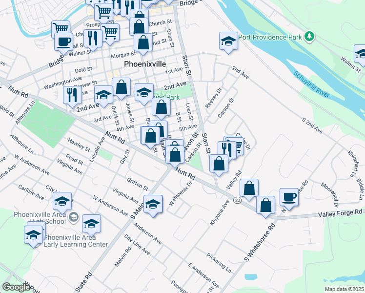 map of restaurants, bars, coffee shops, grocery stores, and more near 146 6th Avenue in Phoenixville