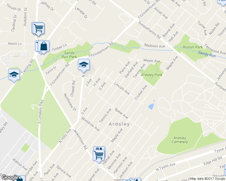 map of restaurants, bars, coffee shops, grocery stores, and more near 838 Garfield Avenue in Glenside