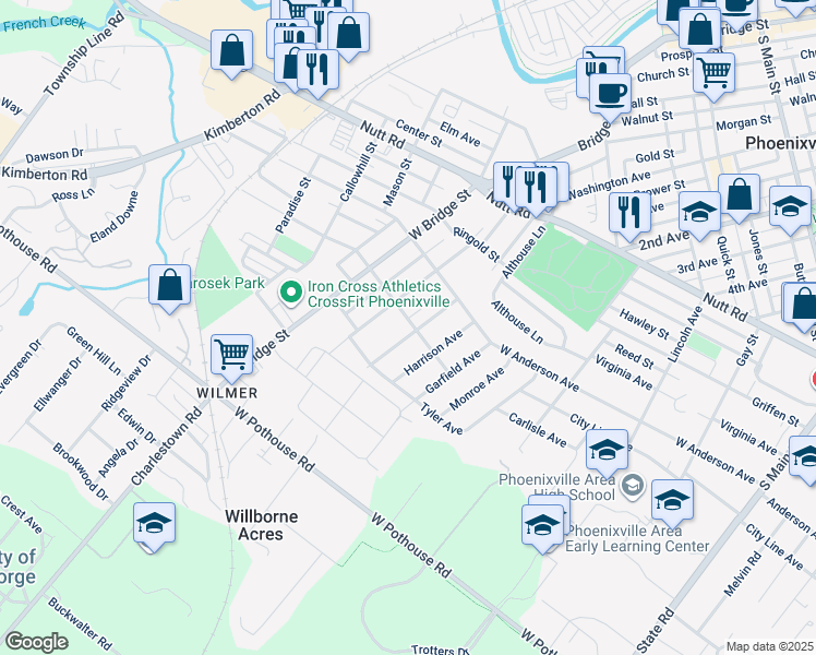 map of restaurants, bars, coffee shops, grocery stores, and more near 551 Columbia Avenue in Phoenixville