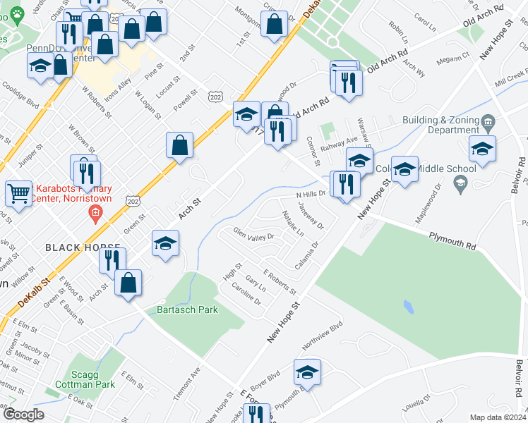 map of restaurants, bars, coffee shops, grocery stores, and more near 1718 North Hills Drive in Norristown