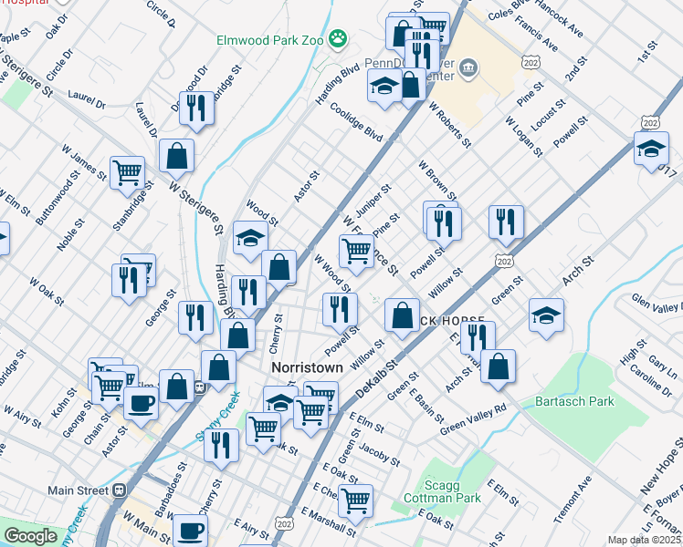 map of restaurants, bars, coffee shops, grocery stores, and more near 123 West Wood Street in Norristown