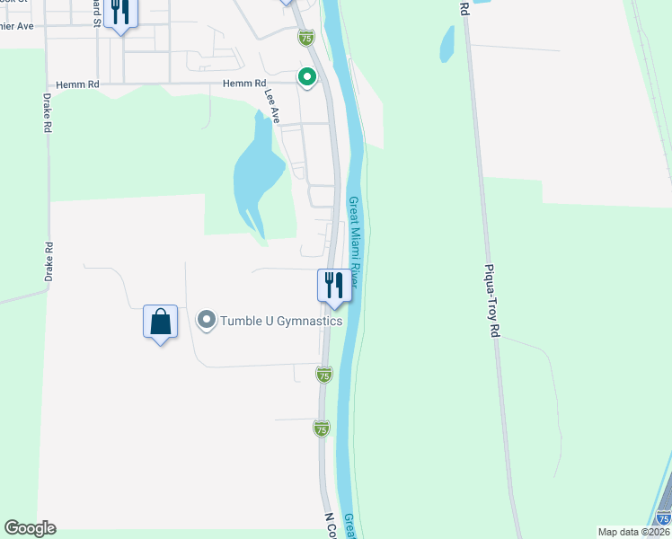 map of restaurants, bars, coffee shops, grocery stores, and more near 1619 South Main Street in Piqua