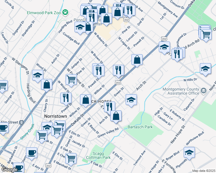 map of restaurants, bars, coffee shops, grocery stores, and more near 1515 DeKalb Street in Norristown