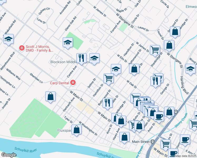 map of restaurants, bars, coffee shops, grocery stores, and more near 1228 West Marshall Street in Norristown
