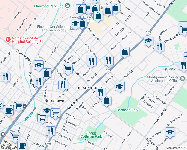 map of restaurants, bars, coffee shops, grocery stores, and more near 28 East Freedley Street in Norristown