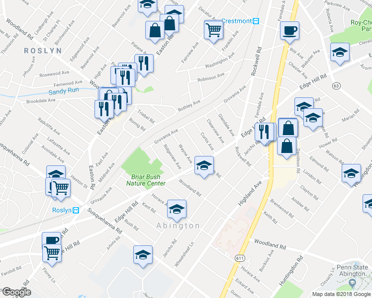 map of restaurants, bars, coffee shops, grocery stores, and more near 2135 Wayne Avenue in Abington