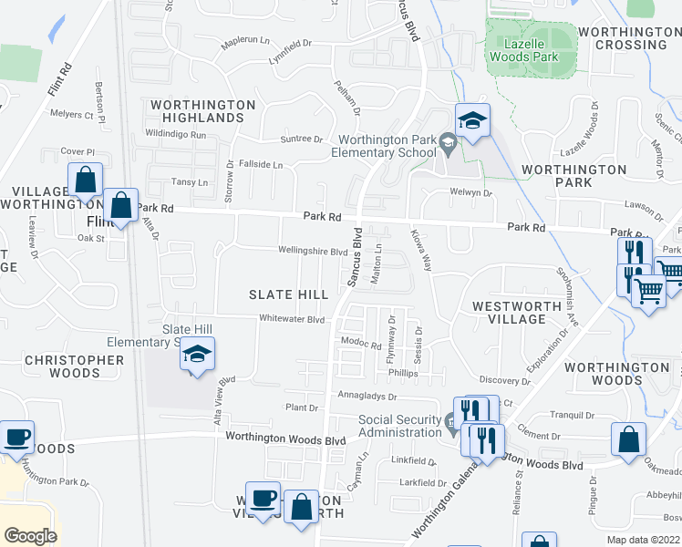 map of restaurants, bars, coffee shops, grocery stores, and more near 7853 Woodhouse Lane in Worthington