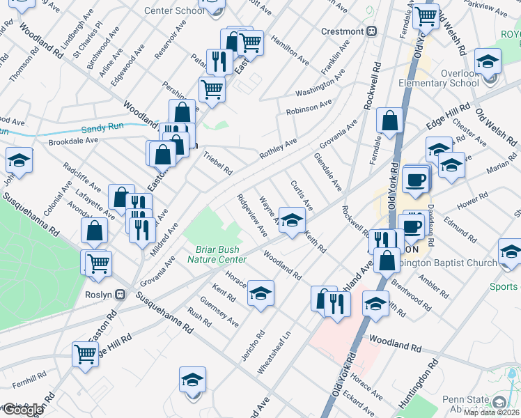 map of restaurants, bars, coffee shops, grocery stores, and more near 2151 Ridgeview Avenue in Abington