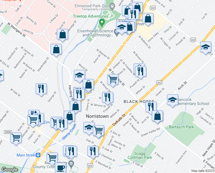 map of restaurants, bars, coffee shops, grocery stores, and more near 125 West Wood Street in Norristown