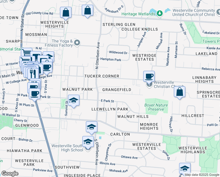 map of restaurants, bars, coffee shops, grocery stores, and more near 315 Eastwood Avenue in Westerville