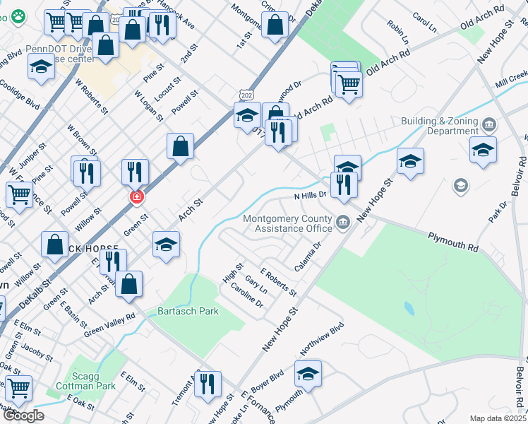 map of restaurants, bars, coffee shops, grocery stores, and more near 1718 North Hills Drive in Norristown