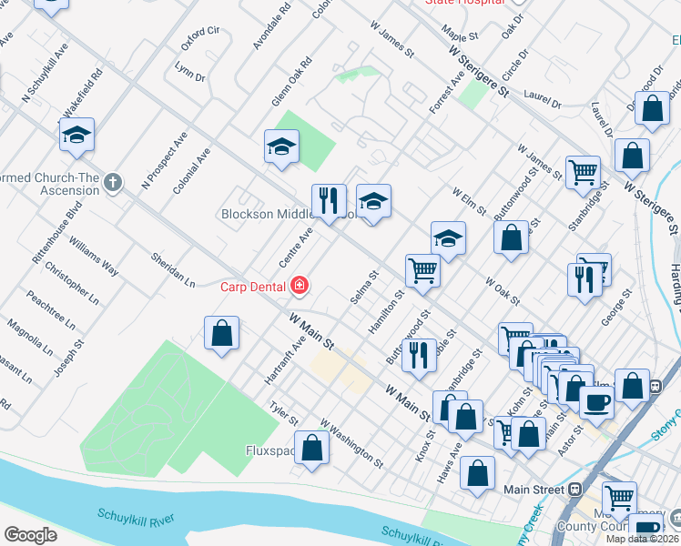 map of restaurants, bars, coffee shops, grocery stores, and more near 450 Forrest Avenue in Norristown