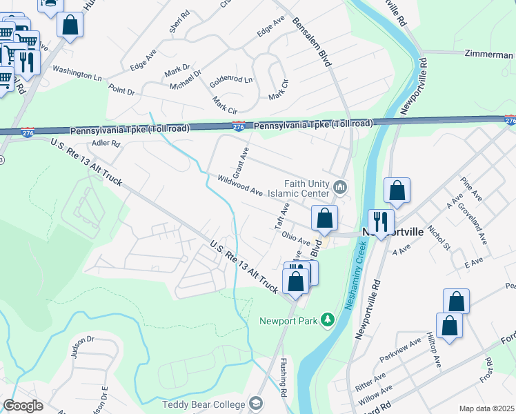 map of restaurants, bars, coffee shops, grocery stores, and more near 1191 Bridge Road in Bensalem