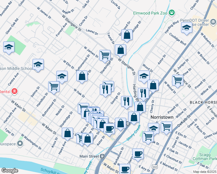 map of restaurants, bars, coffee shops, grocery stores, and more near 828 Haws Avenue in Norristown
