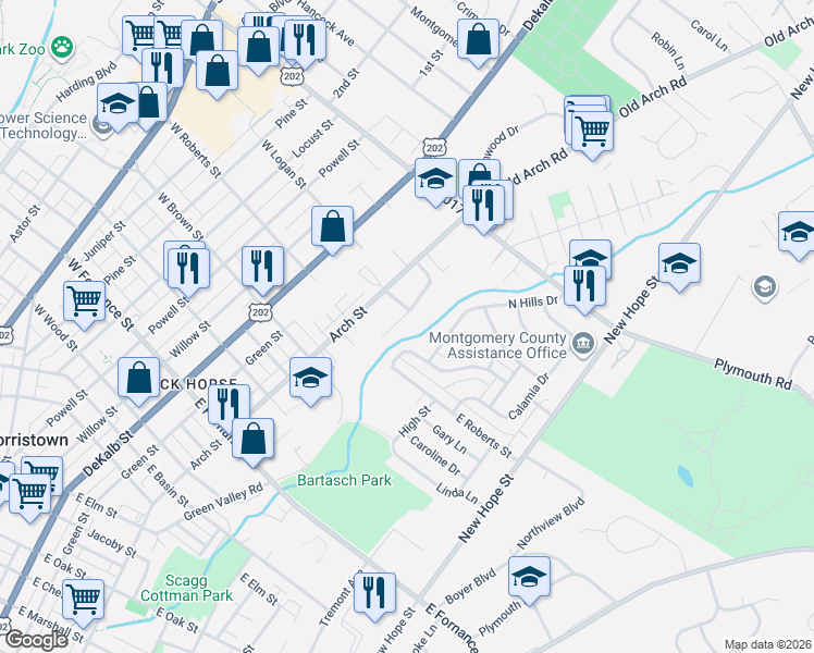 map of restaurants, bars, coffee shops, grocery stores, and more near 1717 Dartmouth Drive in Norristown