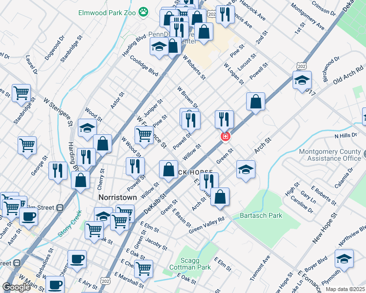 map of restaurants, bars, coffee shops, grocery stores, and more near 1420 Powell Street in Norristown