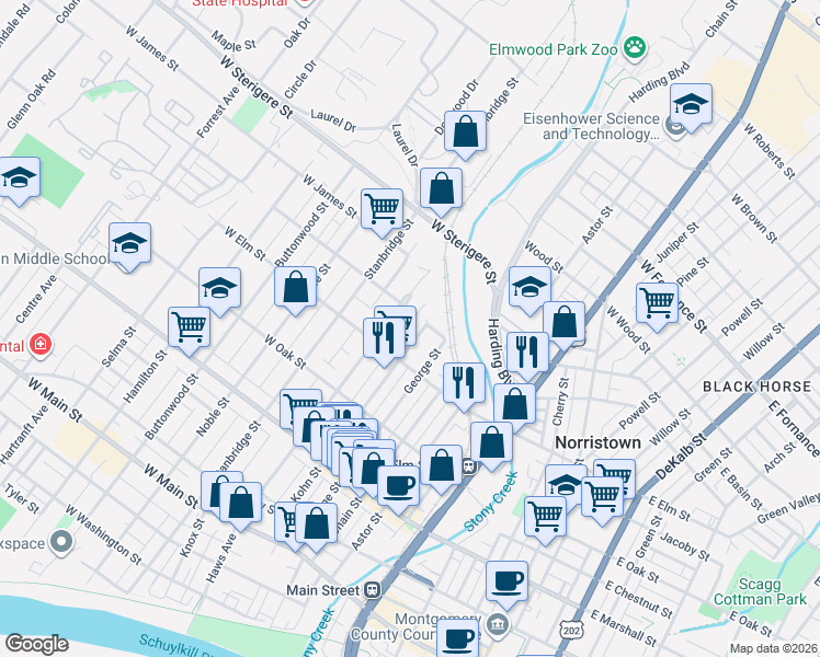 map of restaurants, bars, coffee shops, grocery stores, and more near 828 Haws Avenue in Norristown