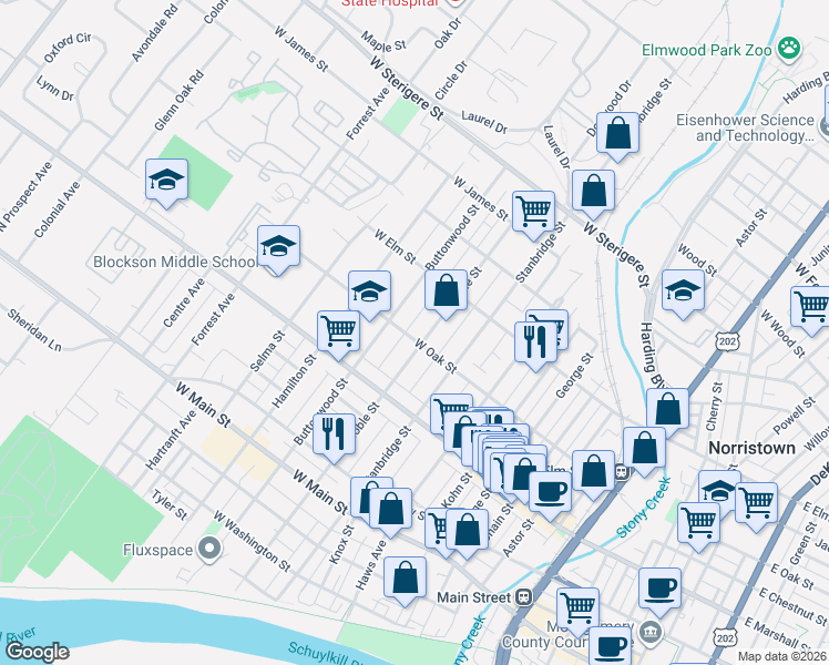 map of restaurants, bars, coffee shops, grocery stores, and more near 713 Noble Street in Norristown