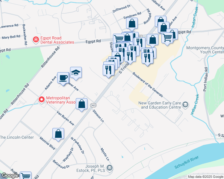 map of restaurants, bars, coffee shops, grocery stores, and more near 114 William Penn Drive in Eagleville