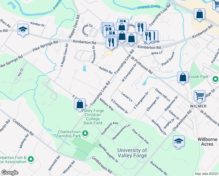 map of restaurants, bars, coffee shops, grocery stores, and more near 20 Mockingbird Lane in Phoenixville