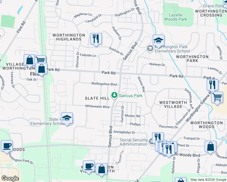 map of restaurants, bars, coffee shops, grocery stores, and more near 7853 Woodhouse Lane in Worthington