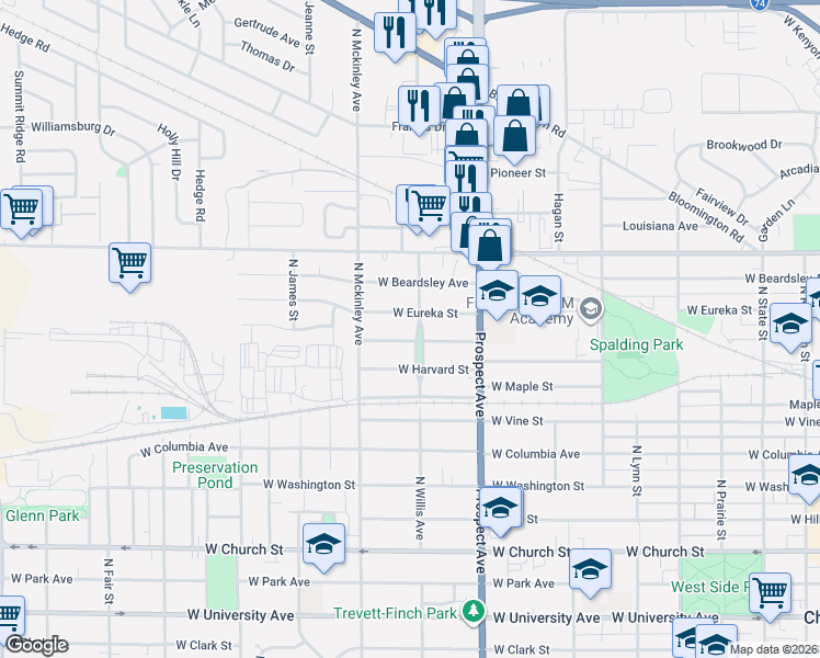 map of restaurants, bars, coffee shops, grocery stores, and more near 906 North Willis Avenue in Champaign